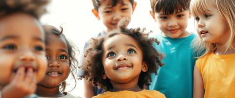 Group of children looking up with hope and curiosity photo