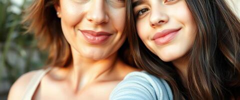 Close up portrait of two happy women smiling and looking at the camera photo