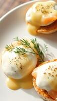 Close up of poached eggs on English muffins with hollandaise sauce photo