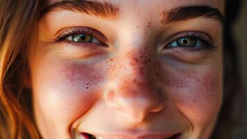 Close-up of a woman's face with freckles and a hint of a smile photo