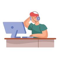 A man wearing headphones is sitting at a desk with a computer vector