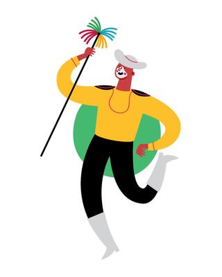 A cartoon man with a stick and a hat