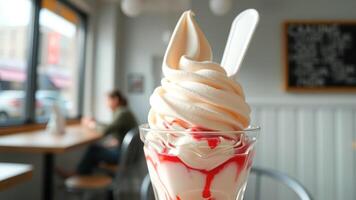 Closeup of a Vanilla Soft Serve Ice Cream Sundae with Red Syrup photo