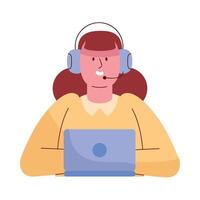 Call center operator with headset and laptop vector