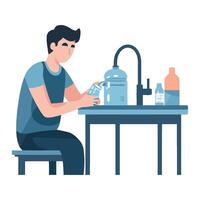 A man is sitting at a table with a bottle and a glass vector