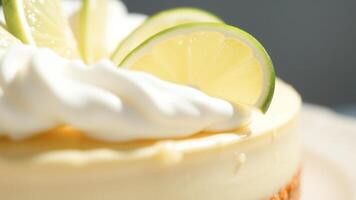 Close up of lemon cheesecake with whipped cream and lime slices photo