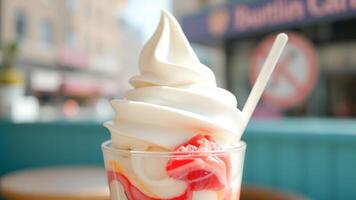 Close up of a strawberry and vanilla soft serve ice cream sundae photo