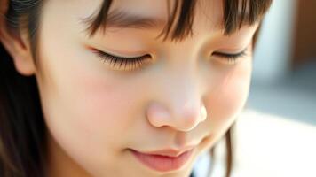 Close-up of a young girl's face, with soft focus on the lips and eyes. photo