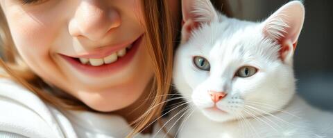 Close Up of Girl Smiling with White Cat photo