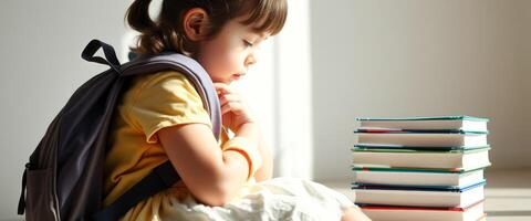 Adorable little girl with backpack sitting with books photo