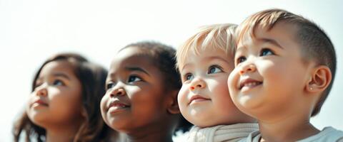 Diverse children looking up with hope and optimism photo