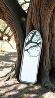 Mirror Reflecting Tree Trunk and Branches in Forest photo
