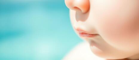 Close-up of a baby's face with a blue background photo