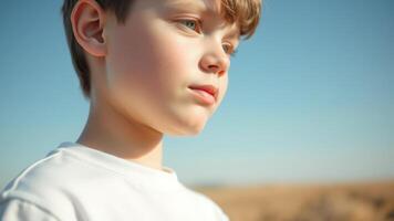 Close-up of a boy's face with a thoughtful expression photo