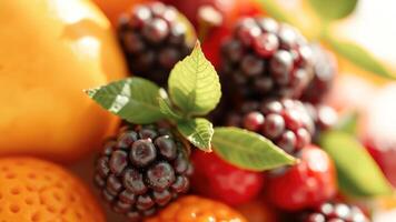 Close-up of Blackberries, Cherries, and Oranges photo