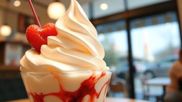 Close-up of a soft serve ice cream sundae with a strawberry on top photo
