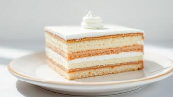 Closeup of a slice of cake with white frosting and a delicate swirl on top photo