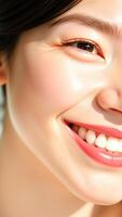Close-up of a Woman's Smiling Face with Glossy Lips photo