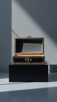 Open Gold and Black Box with Gold Hardware on a Black Platform photo