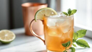 Refreshing Iced Tea with Lime and Mint in a Copper Mug photo