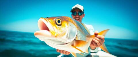 Man Holding a Fish in the Ocean photo