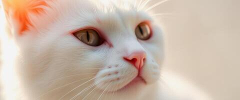 Close-up of a white cat's face with a soft, golden glow photo