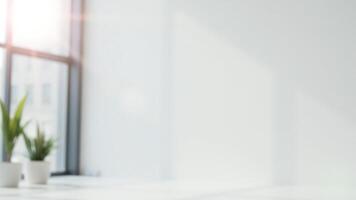 Blurry Background of a White Wall with a Window and Plants photo