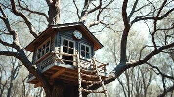 Rustic Treehouse with Rope Ladder in Forest Setting photo