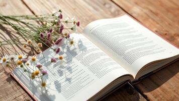 Open book with flowers on a wooden table photo