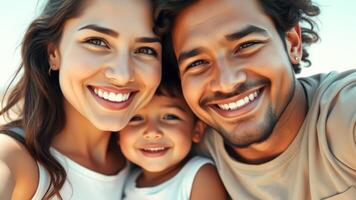 Happy family of three smiling together photo