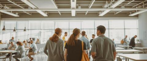 People walking through a modern office building photo