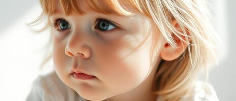 Close-up portrait of a young child with blond hair and blue eyes, looking thoughtfully to the side photo
