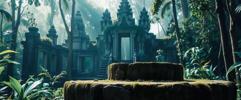 Moss-Covered Stone in Front of Ancient Temple photo