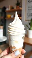 Closeup of a Soft Serve Ice Cream Cone photo