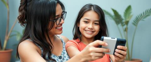 Happy mother and daughter using smartphone photo