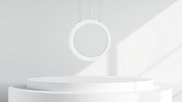 Abstract white background with round podium and circle hanging on strings photo