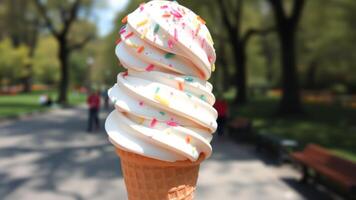 Close Up of Soft Serve Ice Cream Cone with Sprinkles in a Park photo
