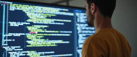 Programmer Looking at Code on a Large Monitor photo