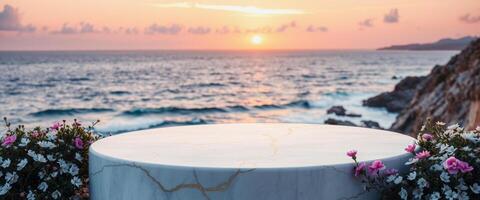 Marble Podium with Ocean Sunset Background photo