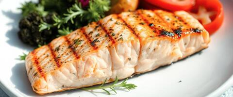 Closeup of a Grilled Salmon Fillet on a White Plate photo