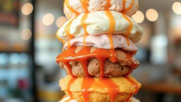 Close-up of a Stack of Desserts with Caramel Drizzle photo