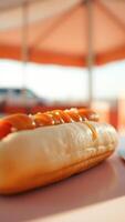 Close-up of a Hot Dog with Mustard and Relish photo
