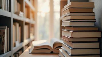 Stack of Books in Library photo