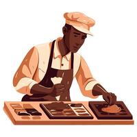 A man in an apron is making a cake vector