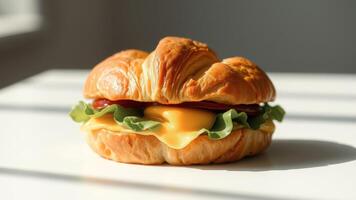 Close-up of a Croissant Sandwich with Melted Cheese and Lettuce on a White Background photo