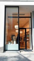 Modern storefront with large window display and black frame photo