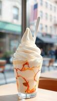 Close-up of a Soft Serve Ice Cream Sundae with Caramel Drizzle photo