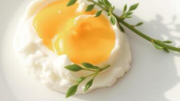 Close-up of a fried egg yolk with green garnish photo