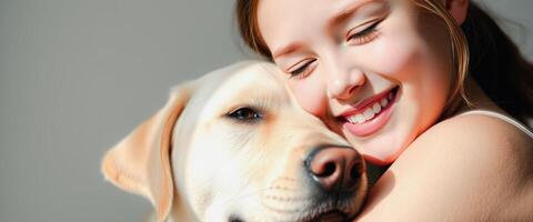 Close up of a girl smiling while hugging her dog photo