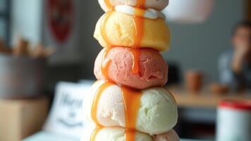 Stack of Ice Cream Scoops with Caramel Drizzle photo